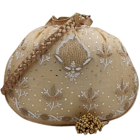 Traditional Gold-Beige Chikankari Silk Round Potli Bag